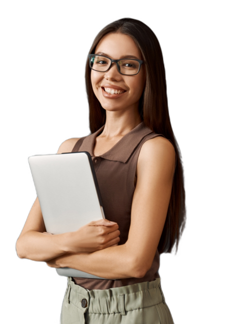 Smiling team member holding a laptop